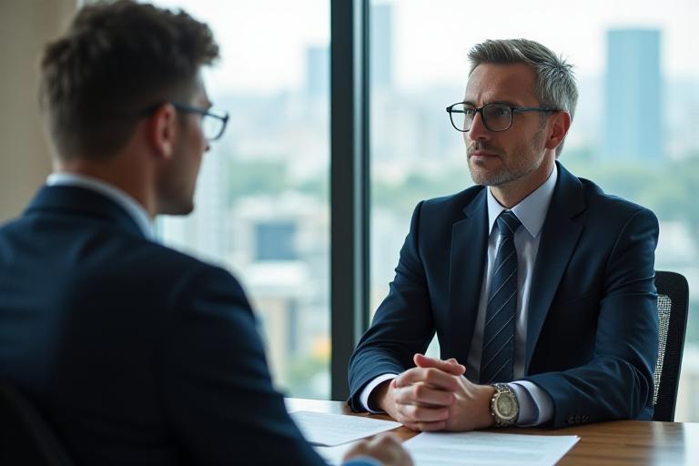 Advocat aconsellant un client amb documents a un modern despatx